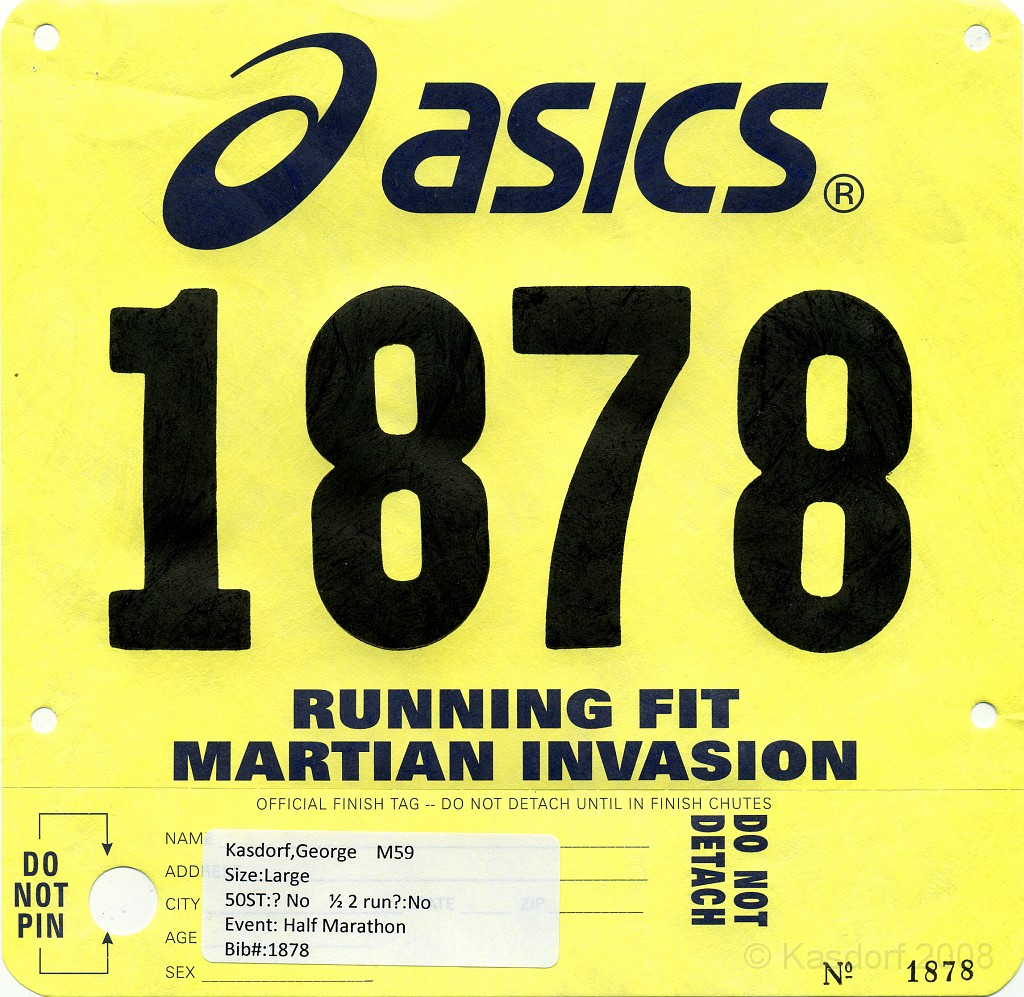 Martian Marathon 2009 Bib.jpg - The 2009 Martian Marathon in Dearborn MI. I ran the half marathon with a 2:05:26 time. Pace 9:35. 31 out of 58 in age group and 1053 out of 1762 overall.